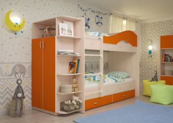 Кровать Мая двухъярусная с ящиками и шкафом Млечный дуб/Оранжевый в Нерюнгри - neryungri.mebel54.com | фото