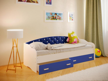 Кровать Софа-8 с мягкой спинкой со стразами (900х2000) Белый/Синий в Нерюнгри - neryungri.mebel54.com | фото
