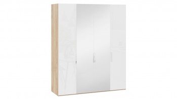 Шкаф комбинированный с 2 глухими и 2 зеркальными дверями «Эмбер» Яблоня Беллуно/Белый глянец в Нерюнгри - neryungri.mebel54.com | фото